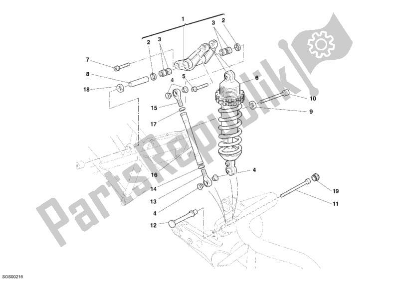 All parts for the Rear Shock Absorber of the Ducati Monster S2R 800 2005